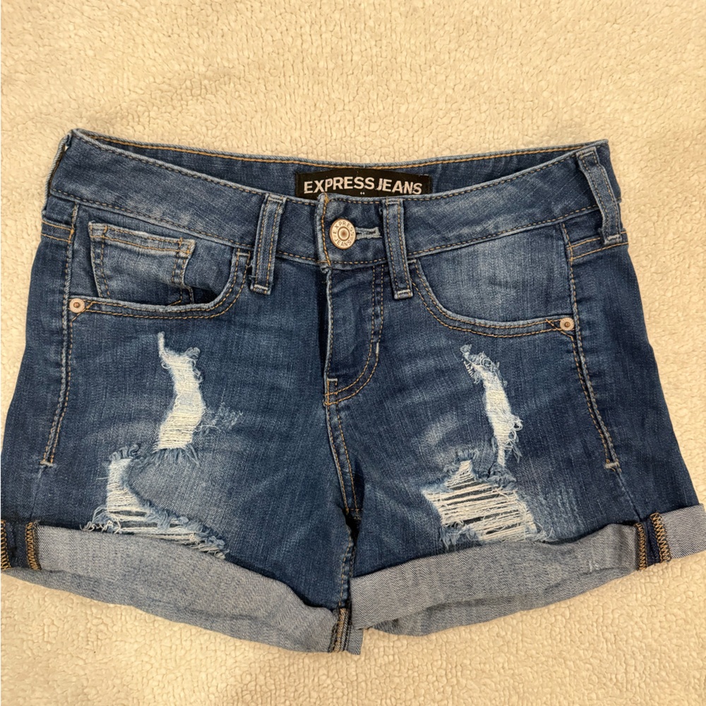 Express Blue Jean Shorts Distressed Mid-Thigh